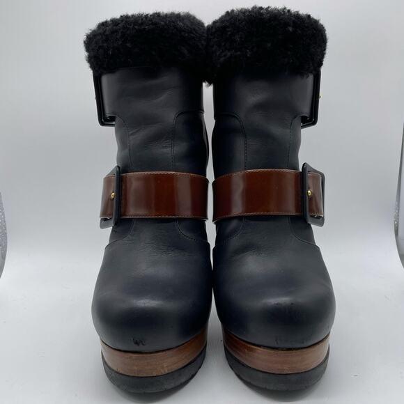 Fendi Moorland Two Tone Black Brown Leather Shearling Ankle Bootie Size 36.5 6.5 - Picture 4 of 15